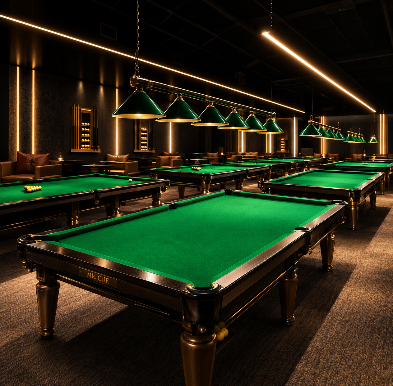 Close-up of championship pool table with CHAMPIONSHIP TABLE label, blurred billiards players under warm lighting in background